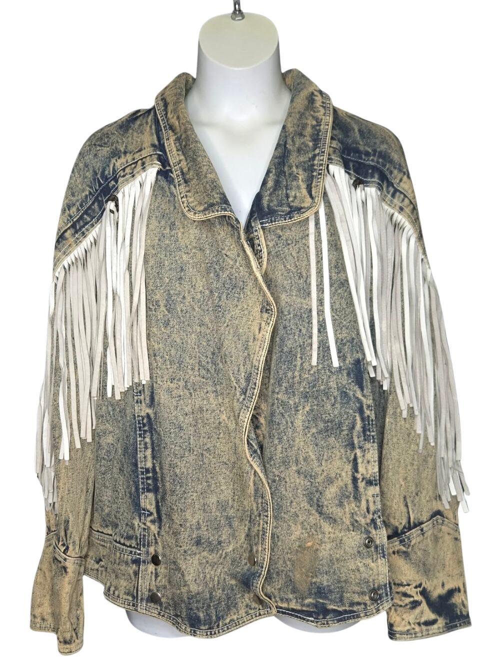 Vintage Komitor Acid Wash Denim Jacket Fringe Suede Western Streetwear Size 26W